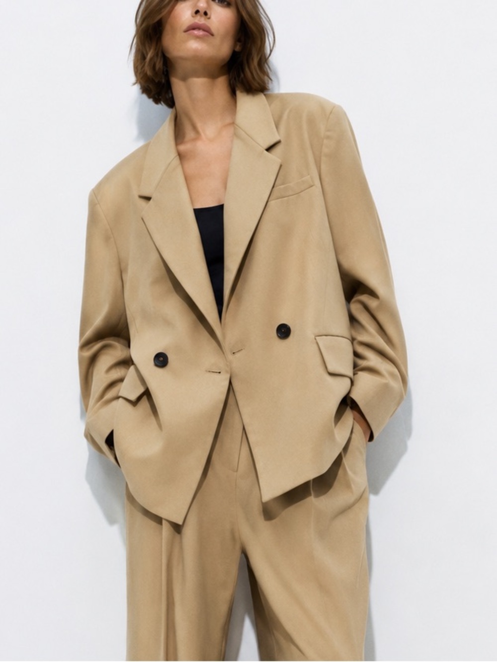 Zara Beige Double-Breasted Blazer Join Life jacket sz L pleated sleeve camel